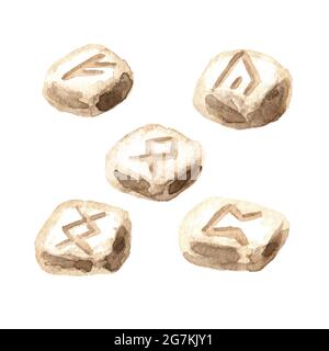 Scandinavian stone hand made runes for fortune telling set. Witchcraft, Magic, Occult and esoteric concept. Hand drawn watercolor illustration isolate Stock Photo