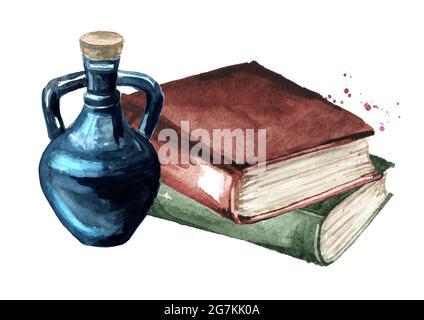 Witch's bottle and old ritual books. Witchcraft, Magic, Occult and esoteric concept. Hand drawn watercolor illustration isolated on white background Stock Photo