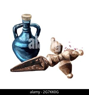 Witch's bottle and  ritual knife. Witchcraft, Magic, Occult and esoteric concept. Hand drawn watercolor illustration isolated on white background Stock Photo