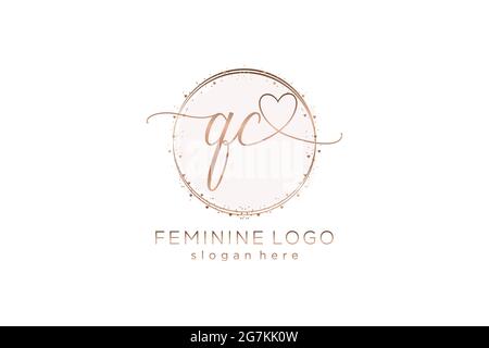 QC handwriting logo with circle template vector logo of initial wedding, fashion, floral and botanical with creative template. Stock Vector