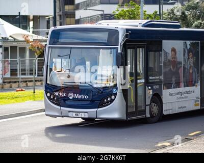 AUCKLAND, NEW ZEALAND - Jun 21, 2021: View of blue Auckland Metro bus. Auckland, New Zealand - June 21, 2021 Stock Photo