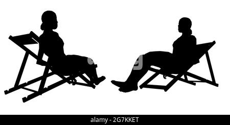 Set with silhouettes of a girl sitting on a summer armchair in various positions isolated on a white background. Vector illustration. Stock Vector