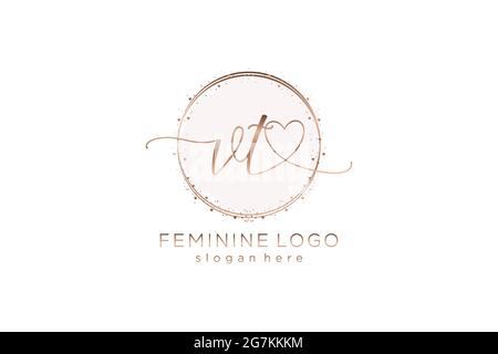 VT handwriting logo with circle template vector logo of initial wedding, fashion, floral and botanical with creative template. Stock Vector