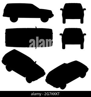 Set with silhouettes of cars in different positions isolated on white background. Vector illustration. Stock Vector