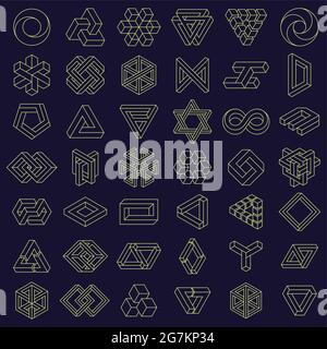 Optical Illusion impossible shapes. Geometric square and triangle paradox figures, optical illusion shapes vector illustration set. Impossible shapes Stock Vector