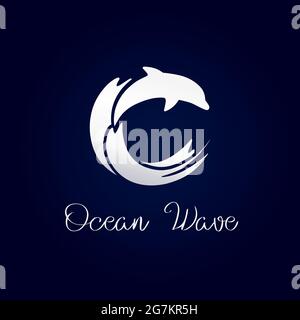 Jumping dolphin in the tube wave logo concept. School of fish. Travel agency, last minute deal, water sport creative logotype idea. Isolated abstract Stock Vector