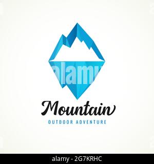 Mountain Adventure Outdoor with facet rocky peak for camp or travel design. Flat badge vector of wilderness and nature exploration with blue face text Stock Vector