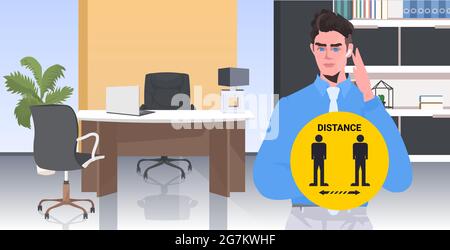businessman holding round sign social distancing coronavirus epidemic protection self isolation concept Stock Vector