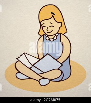 Cartoon girl reading. Young smiling blond girl bit a big book sitting on the ground Stock Photo