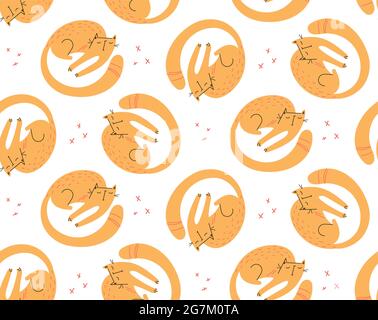 sleeping cat seamless print with ginger cats.Vector pattern of kittens , drawn in vector in doodle style.For print,factory textiles, stickers, posters, cards, t-shirts.Isolated on a white Stock Vector