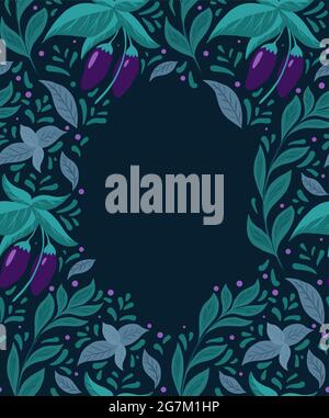 Card with pattern of eggplants on the bushes, basil twigs and doodle decoration with copy space on dark background. Vector natural flat card. Gardenin Stock Vector