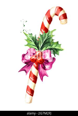 Striped candy cane with a bow watercolor illustration Stock Photo - Alamy