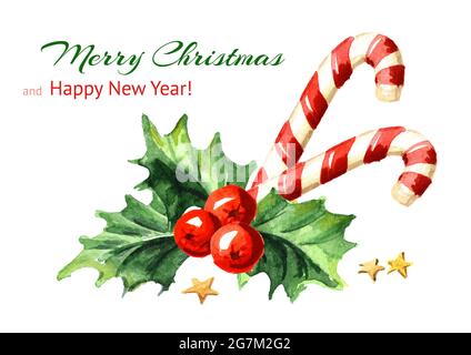 Merry Christmas and Happy New Year decorative composition with Holly berry and candy cane. Watercolor hand drawn illustration, isolated on white backg Stock Photo