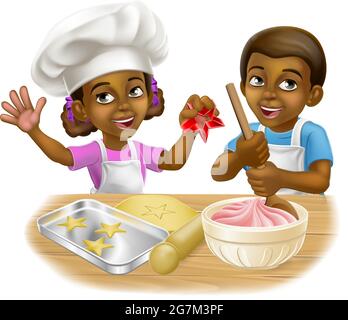 Black Girl and Boy Cartoon Child Chef Cook Kids Stock Vector