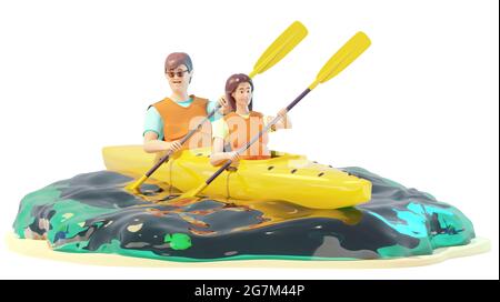 Happy young couple riding kayak. Man and woman holding paddles. Kayaking in the sea. Sailing on canoe or kayak. Water activities. Holidays on beach Stock Photo