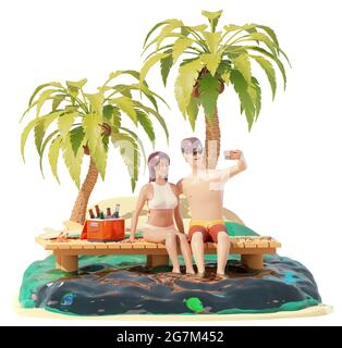 Young couple making beach selfie on wooden pier. Man and woman surfers seating on the seaside pier with surfboard and smartphone. Holidays on beach Stock Photo