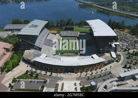 An aerial view of the Husky Stadium on the campus of the University of Washington, Wednesday, July 14, 2021, in Seattle. The facility is the home of t Stock Photo