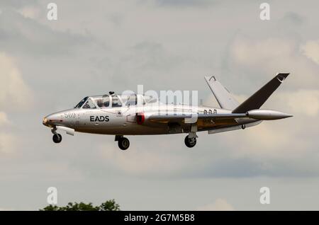 EADS sponsored Fouga Magister jet plane F-AZZP arriving for display at Royal International Air Tattoo, RAF Fairford, 2012. Restored CM-170 classic jet Stock Photo