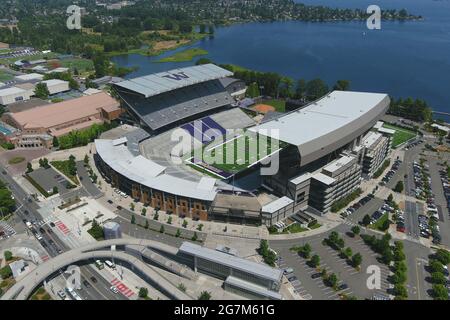 An aerial view of the Husky Softball Stadium on the campus of the