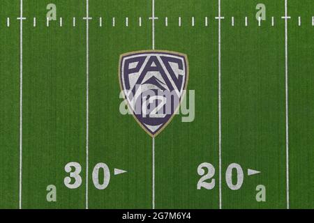 An aerial view of the Pac-12 Conference logo at midfield of Husky Stadium on the campus of the University of Washington, Wednesday, July 14, 2021, in Stock Photo