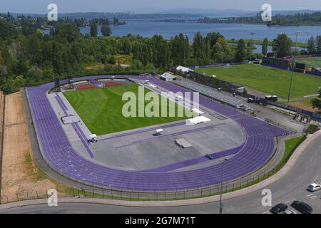 An aerial view of Husky Track on the campus of the University of Washington, Wednesday, July 14, 2021, in Seattle. The stadium is the home of the Wash Stock Photo