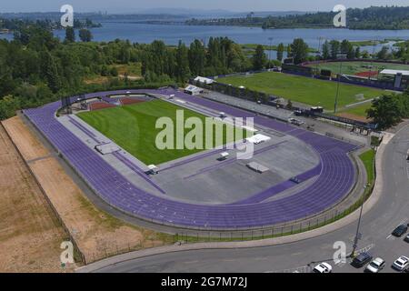 An aerial view of Husky Track on the campus of the University of Washington, Wednesday, July 14, 2021, in Seattle. The stadium is the home of the Wash Stock Photo