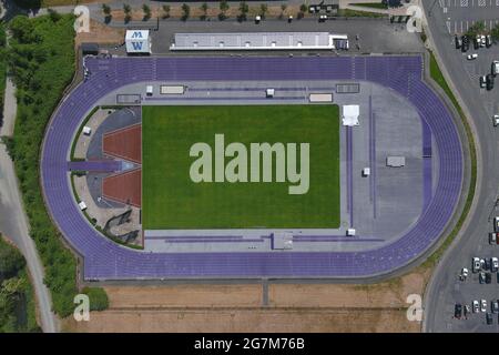 An aerial view of Husky Track on the campus of the University of Washington, Wednesday, July 14, 2021, in Seattle. The stadium is the home of the Wash Stock Photo