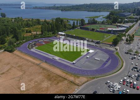 An aerial view of Husky Track on the campus of the University of Washington, Wednesday, July 14, 2021, in Seattle. The stadium is the home of the Wash Stock Photo