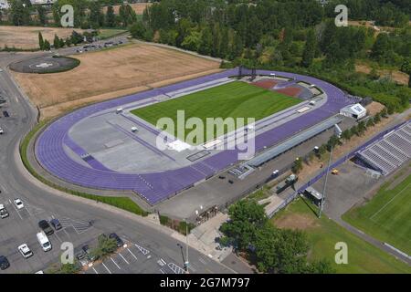 An aerial view of Husky Track on the campus of the University of Washington, Wednesday, July 14, 2021, in Seattle. The stadium is the home of the Wash Stock Photo