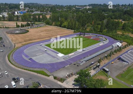 An aerial view of Husky Track on the campus of the University of Washington, Wednesday, July 14, 2021, in Seattle. The stadium is the home of the Wash Stock Photo