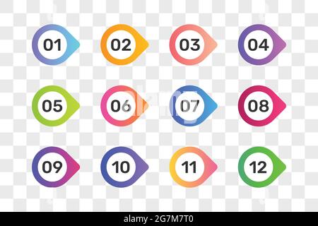 Set of colorful numbers button multicolored from 1 to 12 isolated on transparent background. Stock Vector