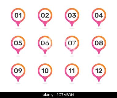 Set number on pin bullet point in color markers 1 to 12. Vector illustration Stock Vector