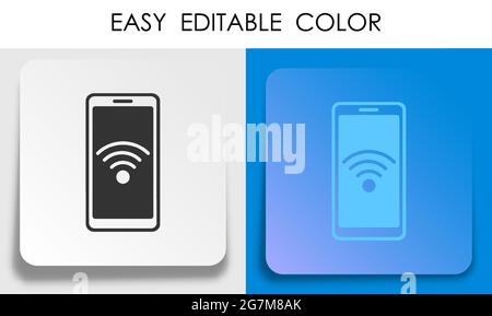 Smartphone icon with wifi sign on paper square sticker with shadow. Wireless data transmission. Vector button Stock Vector