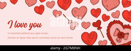 Valentines day horizontal greeting card with hand drawn elements. Vector illustration Stock Vector