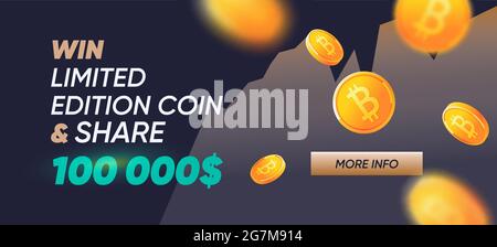 Golden Bitcoin on promotion banner. Crypto mining, blockchain advertising concept template. Web cryptocurrency vector banner Stock Vector