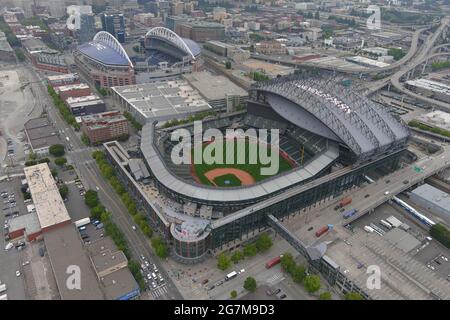 An aerial view of T-Mobile Park (foreground) and Lumen Field, Wednesday, July 14, 2021, in Seattle, T-Mobile Park is the home of the Seattle Mariners Stock Photo