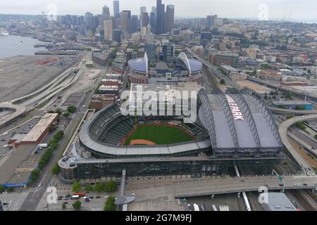 An aerial view of T-Mobile Park (foreground) and Lumen Field, Wednesday, July 14, 2021, in Seattle, T-Mobile Park is the home of the Seattle Mariners Stock Photo