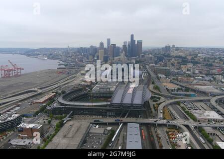 An aerial view of T-Mobile Park (foreground) and Lumen Field, Wednesday, July 14, 2021, in Seattle, T-Mobile Park is the home of the Seattle Mariners Stock Photo