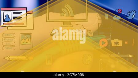 Multiple digital icons against close up of hand inserting cable in computer server Stock Photo
