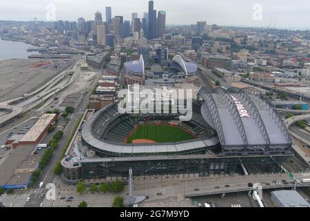 An aerial view of T-Mobile Park (foreground) and Lumen Field, Wednesday, July 14, 2021, in Seattle, T-Mobile Park is the home of the Seattle Mariners Stock Photo