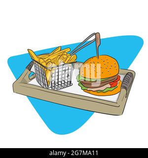 Fast food hamburger and french fries in basket on a wooden plate hand drawn with black lines isolated on white background illustration vector Stock Vector