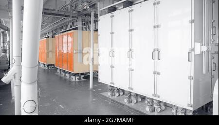 Modern electrical mill machinery for production of wheat flour. Equipment Factory Grain. Stock Photo