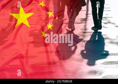 Shadows of People on the road and Flag of China concept picture Stock Photo