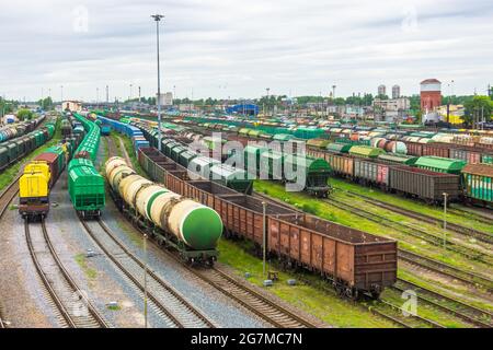 Sorting freight railway station in the city wagons for trains with different cargo Stock Photo