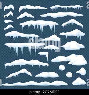 Cartoon snow. Window or roof snow caps with icicles, snowballs, snowdrifts. Christmas snowy frame, winter decor element vector set. Ice borders and frozen objects isolated on transparent Stock Vector