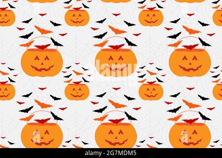 Pumpkin bucket with bats seamless pattern Stock Vector