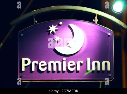 MANCHESTER - JULY 13: Close-up of logotype of Premier Inn hotel in Manchester, July 13. 2021 in UK. Stock Photo