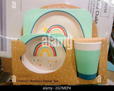 Bamboo rainbow toddler dinner set that's  Sustainable and eco friendly kitchenware Stock Photo
