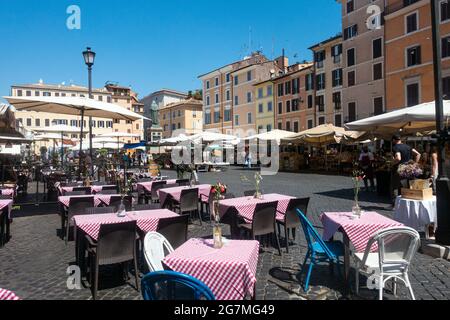 Rome, Italy - July 2021 - Restaurant in Campo de Fiori market Stock Photo