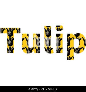 TULIP; text made with letters with a pattern of black tulip on a yellow background, isolated on a white background Stock Photo